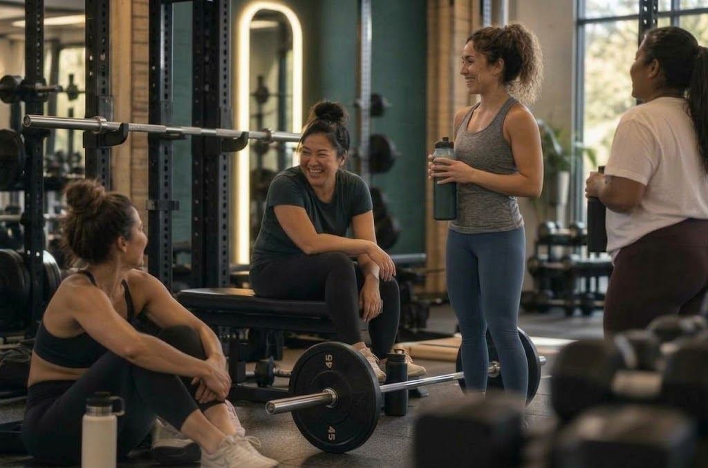 Women relaxing and talking together after lifting