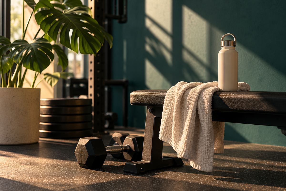 Warm gym detail with bench, weights, towel and plant