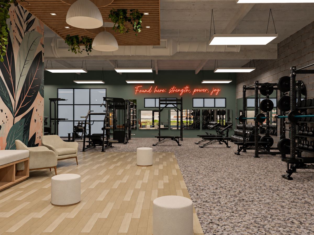 Rendering of the Found Strength studio lounge and lifting floor