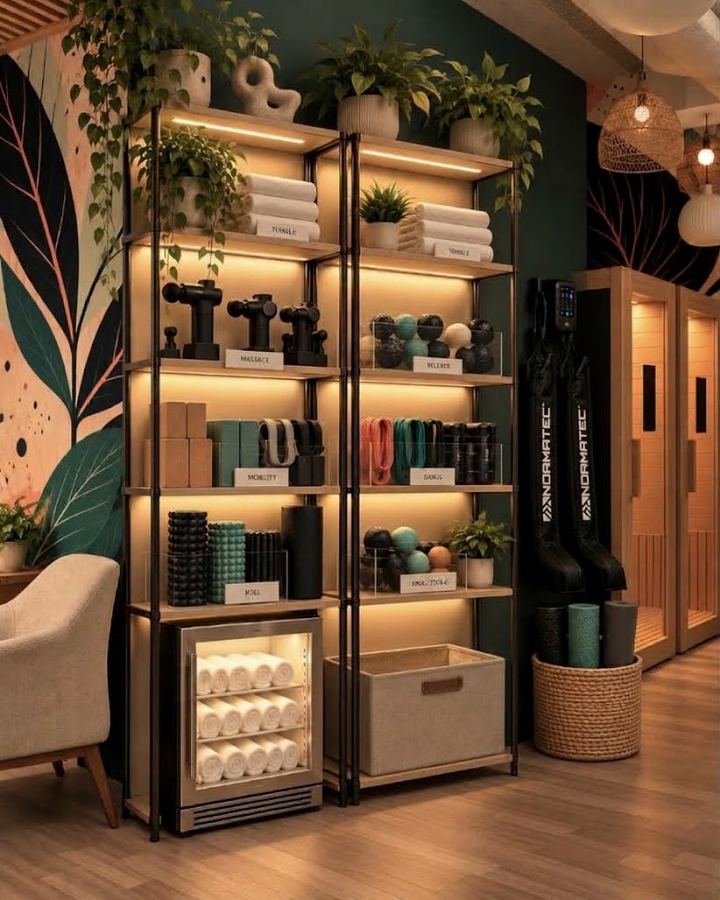 Rendering of the Found Strength recovery corner with Normatec boots, massage guns and mobility tools