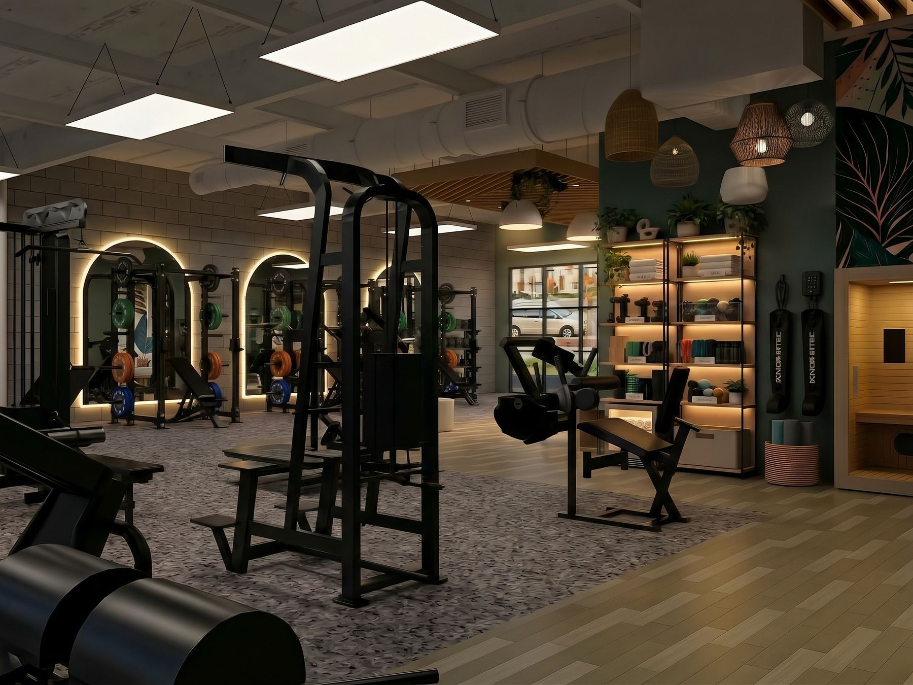 Rendering of the Found Strength lifting floor with racks, plates and lit shelves